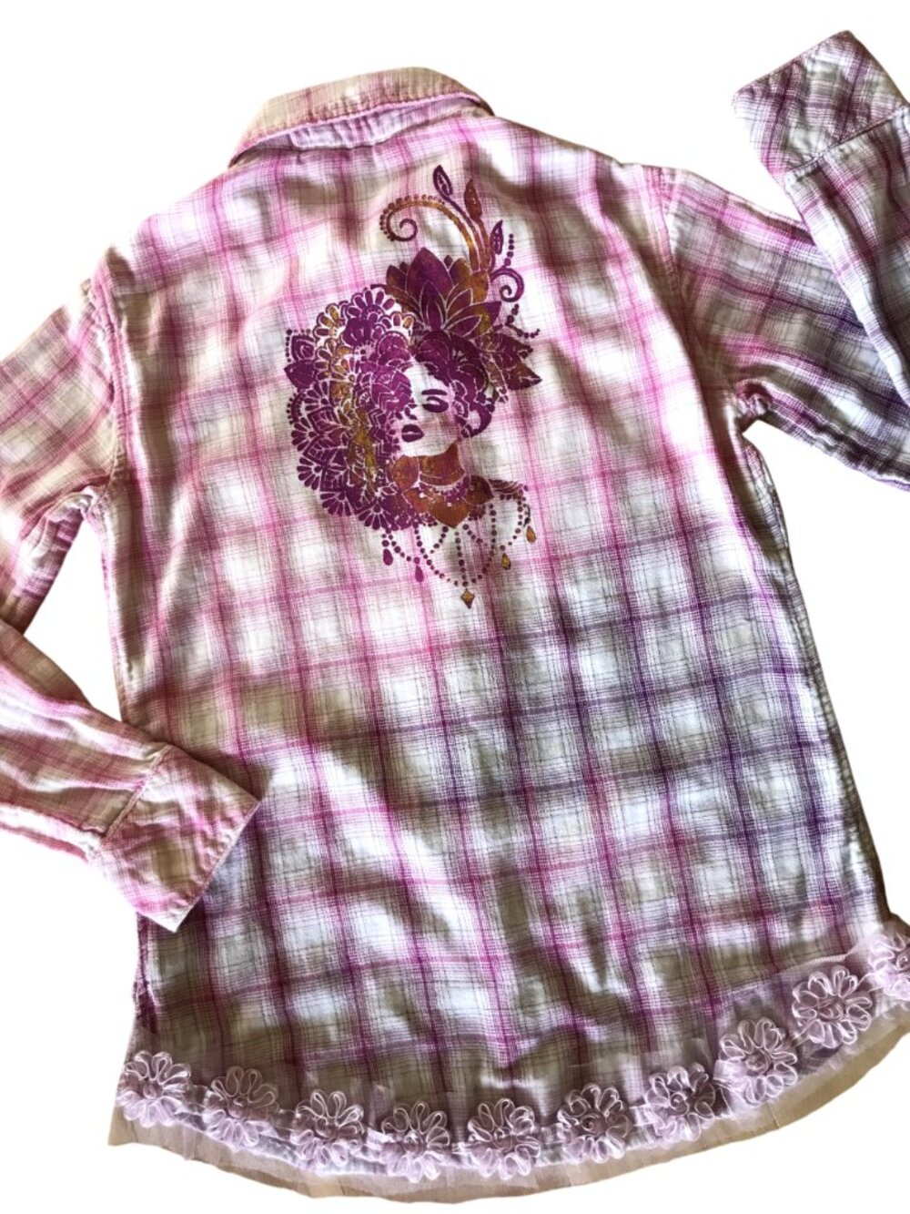 Upcycled Bleached Flannel Shirt, Painted Fancy Lady Lace Hem Pink Purple Small